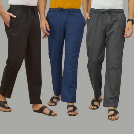 Combo of 3 Black Navy Blue and Dark Gray Cotton Men Pants-45697
