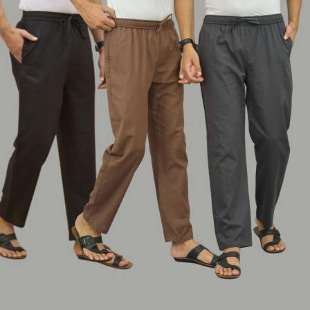 Combo of 3 Black Rust Brown and Dark Gray Cotton Men Pants-45718