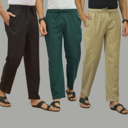 Combo of 3 Black Teal Blue and Beige Cotton Men Pants-45713