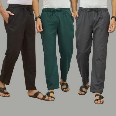 Combo of 3 Black Teal Blue and Dark Gray Cotton Men Pants-45712
