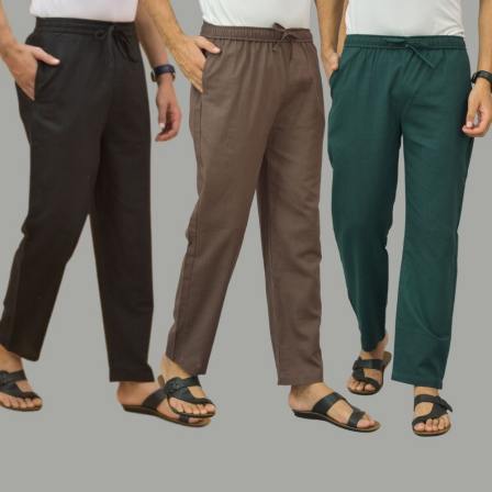 Combo of 3 Black Wood Brown and Teal Blue Cotton Men Pants-45702