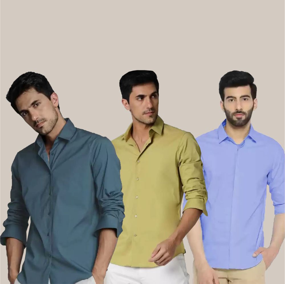 Buy Slim Fit Solid Collar Casual Shirt Gray Green and Sky Blue