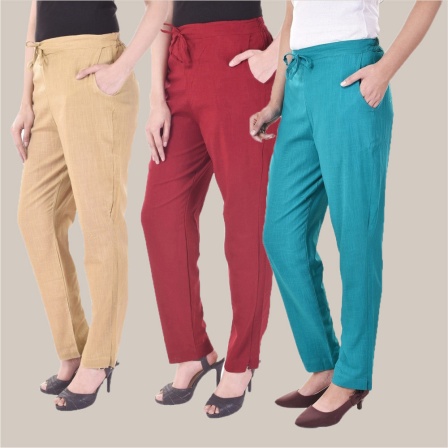 Combo of 3 Cotton Slub Solid Women Regular Fit Trousers Beige Cyan and Maroon-41211