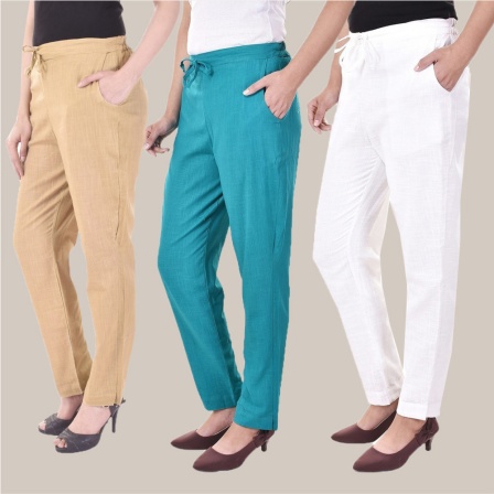Combo of 3 Cotton Slub Solid Women Regular Fit Trousers Beige Cyan and White-41246