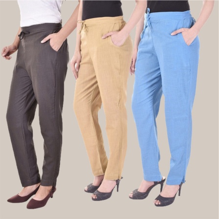 Combo of 3 Cotton Slub Solid Women Regular Fit Trousers Beige Gray and Sky Blue-41270