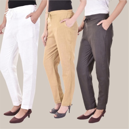 Combo of 3 Cotton Slub Solid Women Regular Fit Trousers Beige Gray and White-41243
