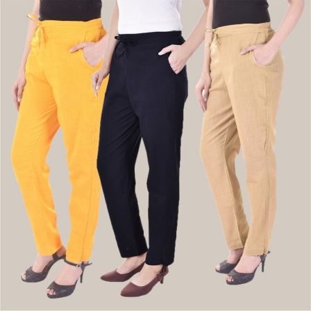Combo of 3 Cotton Slub Solid Women Regular Fit Trousers Beige Navy Blue and Yellow-41160