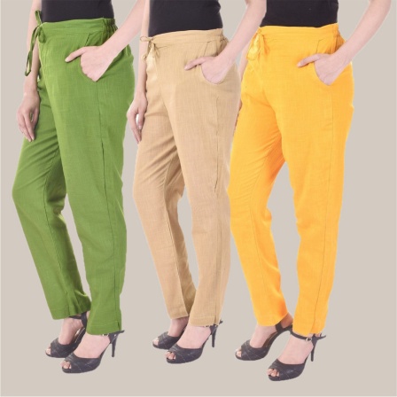 Combo of 3 Cotton Slub Solid Women Regular Fit Trousers Beige Olive Green and Yellow-41155