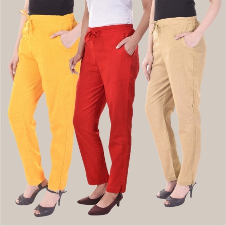 Combo of 3 Cotton Slub Solid Women Regular Fit Trousers Beige Red and Yellow-41149
