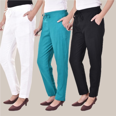 Combo of 3 Cotton Slub Solid Women Regular Fit Trousers Black Cyan and White-41245