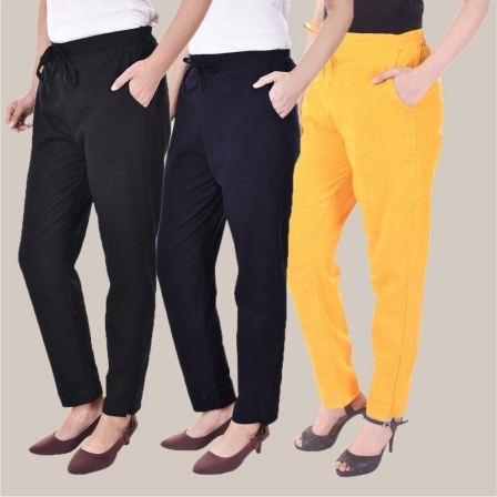Combo of 3 Cotton Slub Solid Women Regular Fit Trousers Black Navy Blue and Yellow-41159