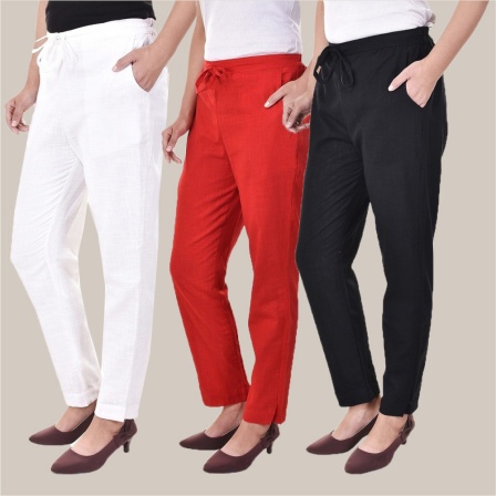 Combo of 3 Cotton Slub Solid Women Regular Fit Trousers Black Red and White-41227
