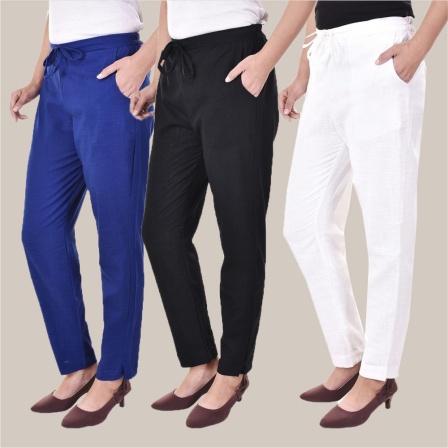 Combo of 3 Cotton Slub Solid Women Regular Fit Trousers Black Royal Blue and White-41247