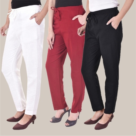 Combo of 3 Cotton Slub Solid Women Regular Fit Trousers Black White and Maroon-41177