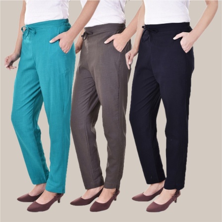 Combo of 3 Cotton Slub Solid Women Regular Fit Trousers Cyan Gray and Navy Blue-41310