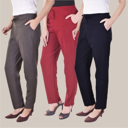 Combo of 3 Cotton Slub Solid Women Regular Fit Trousers Gray Navy Blue and Maroon-41200