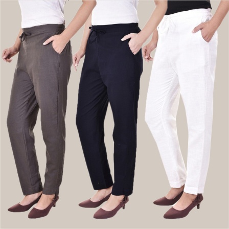 Combo of 3 Cotton Slub Solid Women Regular Fit Trousers Gray Navy Blue and White-41235