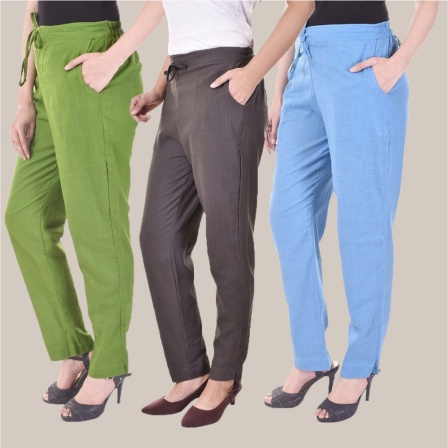 Combo of 3 Cotton Slub Solid Women Regular Fit Trousers Gray Olive Green and Sky Blue-41257