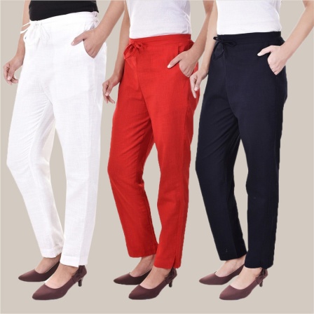 Combo of 3 Cotton Slub Solid Women Regular Fit Trousers Navy Blue Red and White-41223