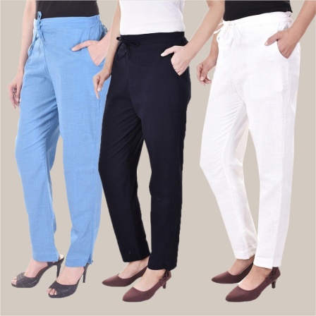 Combo of 3 Cotton Slub Solid Women Regular Fit Trousers Navy Blue Sky Blue and White-41216