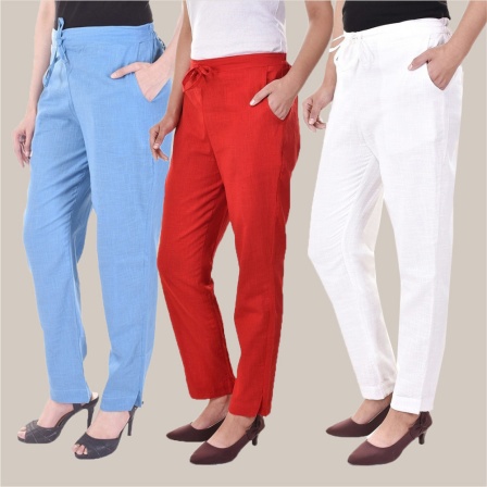 Combo of 3 Cotton Slub Solid Women Regular Fit Trousers Red Sky Blue and White-41214