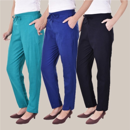 Combo of 3 Cotton Slub Solid Women Regular Fit Trousers Royal Blue Cyan and Navy Blue-41314