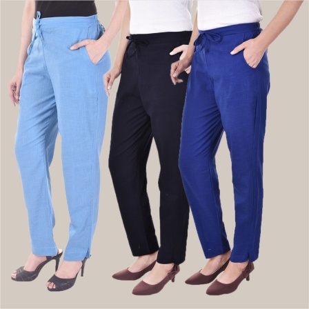 Combo of 3 Cotton Slub Solid Women Regular Fit Trousers Royal Blue Navy Blue and Sky Blue-41264