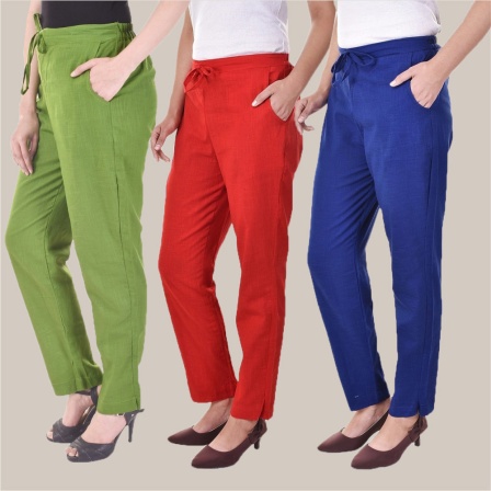 Combo of 3 Cotton Slub Solid Women Regular Fit Trousers Royal Blue Olive Green and Red-41279