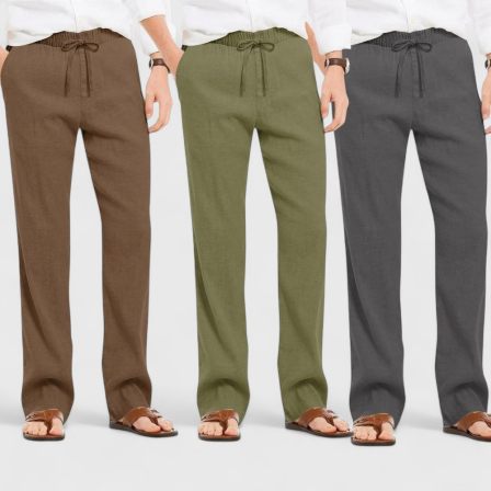 Combo of 3 Linen Loose Fit Men Pant Dark Gray-Olive Green and Brown-50439