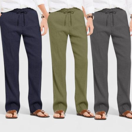 Combo of 3 Linen Loose Fit Men Pant Dark Gray-Olive Green and Navy Blue-50458