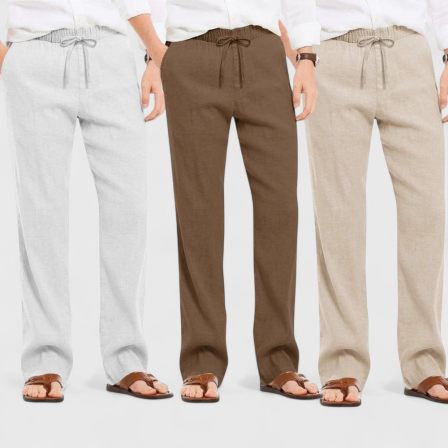 Combo of 3 Linen Loose Fit Men Pant Light Beige-Brown and Light Gray-50358