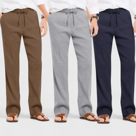 Combo of 3 Linen Loose Fit Men Pant Navy Blue-Gray and Brown-50428