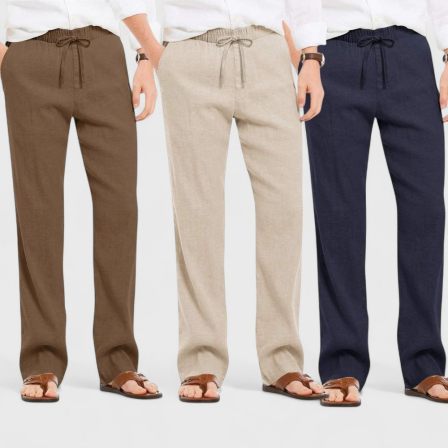 Combo of 3 Linen Loose Fit Men Pant Navy Blue-Light Beige and Brown-50432