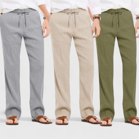 Combo of 3 Linen Loose Fit Men Pant Olive Green-Light Beige and Gray-50443
