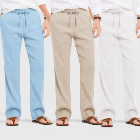 Combo of 3 Linen Loose Fit Men Pant White-Light Beige and Blue-50420