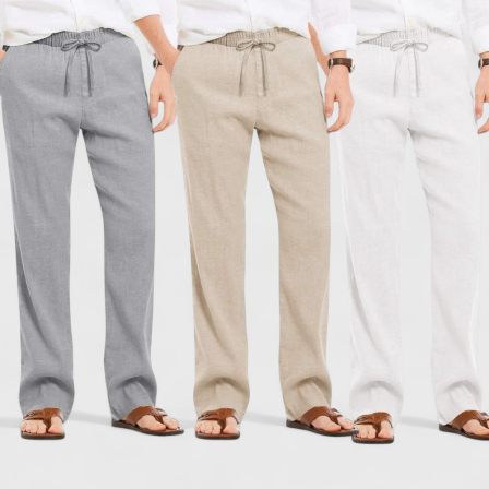 Combo of 3 Linen Loose Fit Men Pant White-Light Beige and Gray-50445