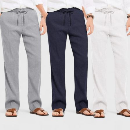 Combo of 3 Linen Loose Fit Men Pant White-Navy Blue and Gray-50448