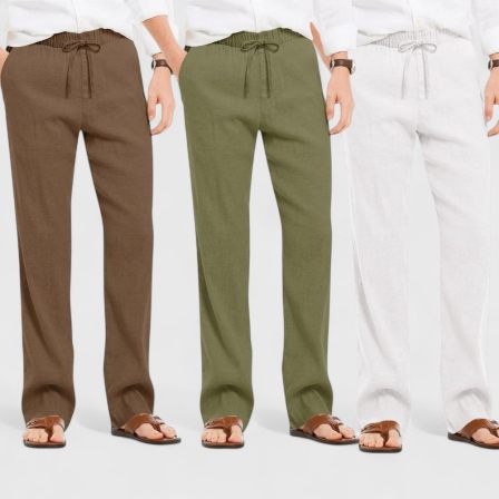 Combo of 3 Linen Loose Fit Men Pant White-Olive Green and Brown-50440