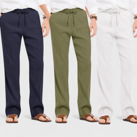 Combo of 3 Linen Loose Fit Men Pant White-Olive Green and Navy Blue-50459