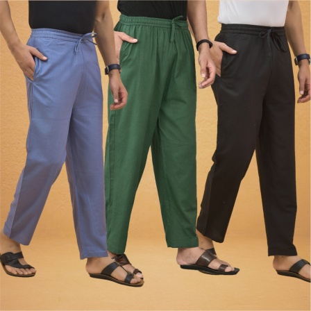 Combo of 3 Men Solid Cotton Flex Pant Bottle Green Black and Sky Blue-15597