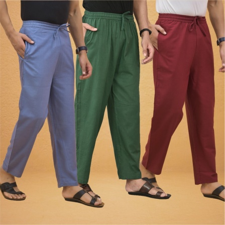 Combo of 3 Men Solid Cotton Flex Pant Bottle Green Maroon and Sky Blue-15594