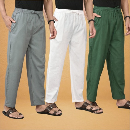 Combo of 3 Men Solid Cotton Flex Pant Bottle Green White and Gray-15620