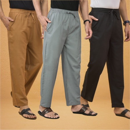 Combo of 3 Men Solid Cotton Flex Pant Gray Black and Brown-15580