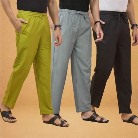 Combo of 3 Men Solid Cotton Flex Pant Gray Black and Olive Green-15559