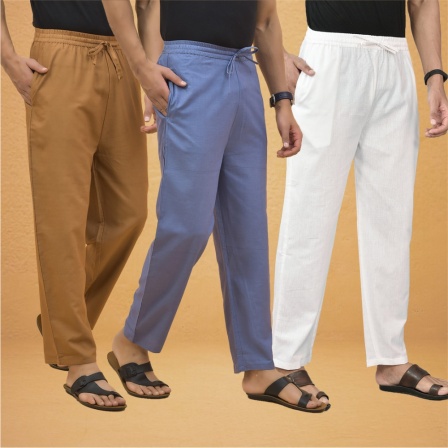 Combo of 3 Men Solid Cotton Flex Pant White Sky Blue and Brown-15569