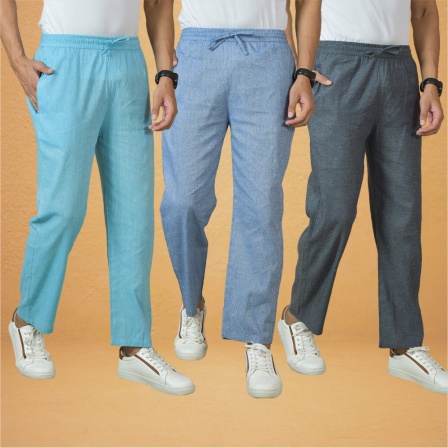 Combo of 3 Men Solid Cotton Handloom Pant Gray Denim and Sky Blue-15640