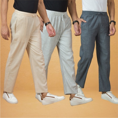 Combo of 3 Men Solid Cotton Handloom Pant Gray White and Cream-15633