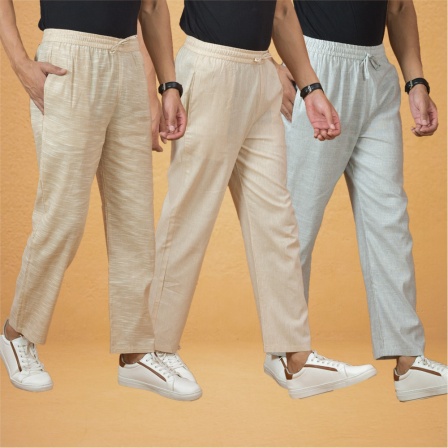 Combo of 3 Men Solid Cotton Handloom Pant White Cream and Beige-15621