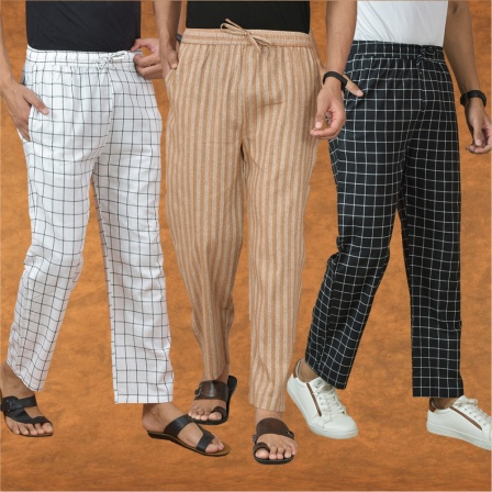 Combo of 3 Men Stripe Cotton Handloom Pant Beige Black and White-15289