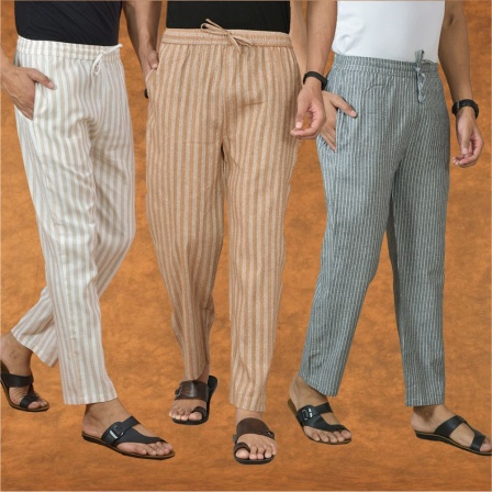 Combo of 3 Men Stripe Cotton Handloom Pant Beige Gray and Beige-15347